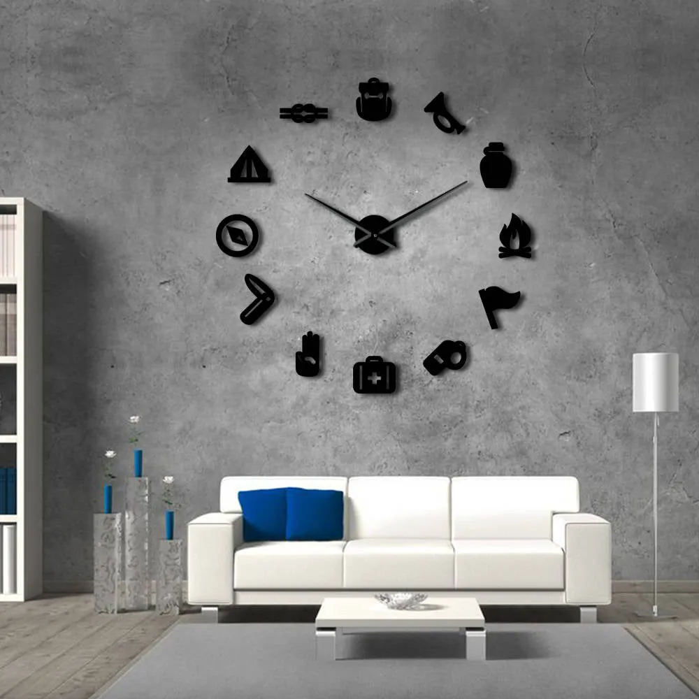 Camping Scouting DIY Giant Wall Clock Junior Kids Scout Campfire Exclusive Wall Clock Big Time Clock Big Needles Mirror Effect