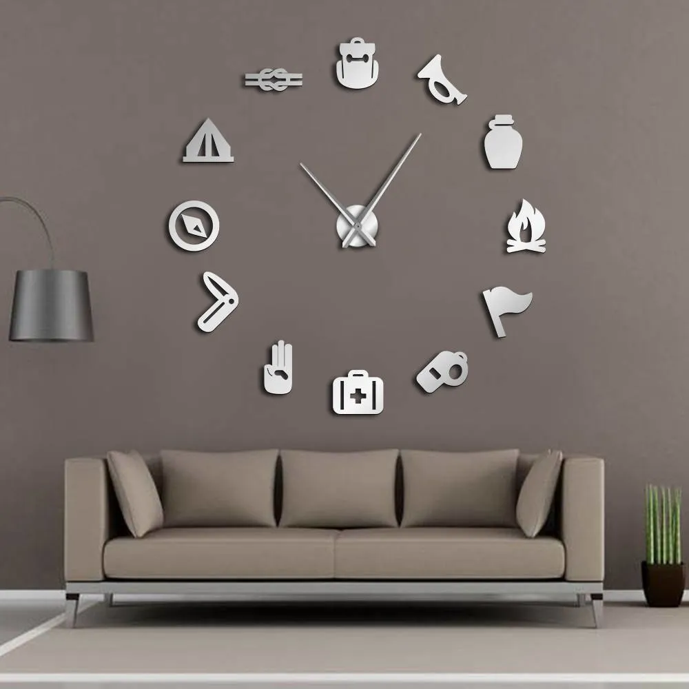 Camping Scouting DIY Giant Wall Clock Junior Kids Scout Campfire Exclusive Wall Clock Big Time Clock Big Needles Mirror Effect