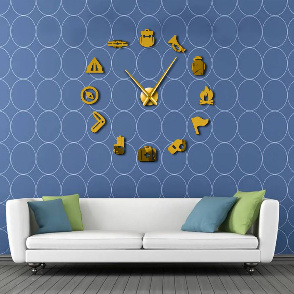 Camping Scouting DIY Giant Wall Clock Junior Kids Scout Campfire Exclusive Wall Clock Big Time Clock Big Needles Mirror Effect