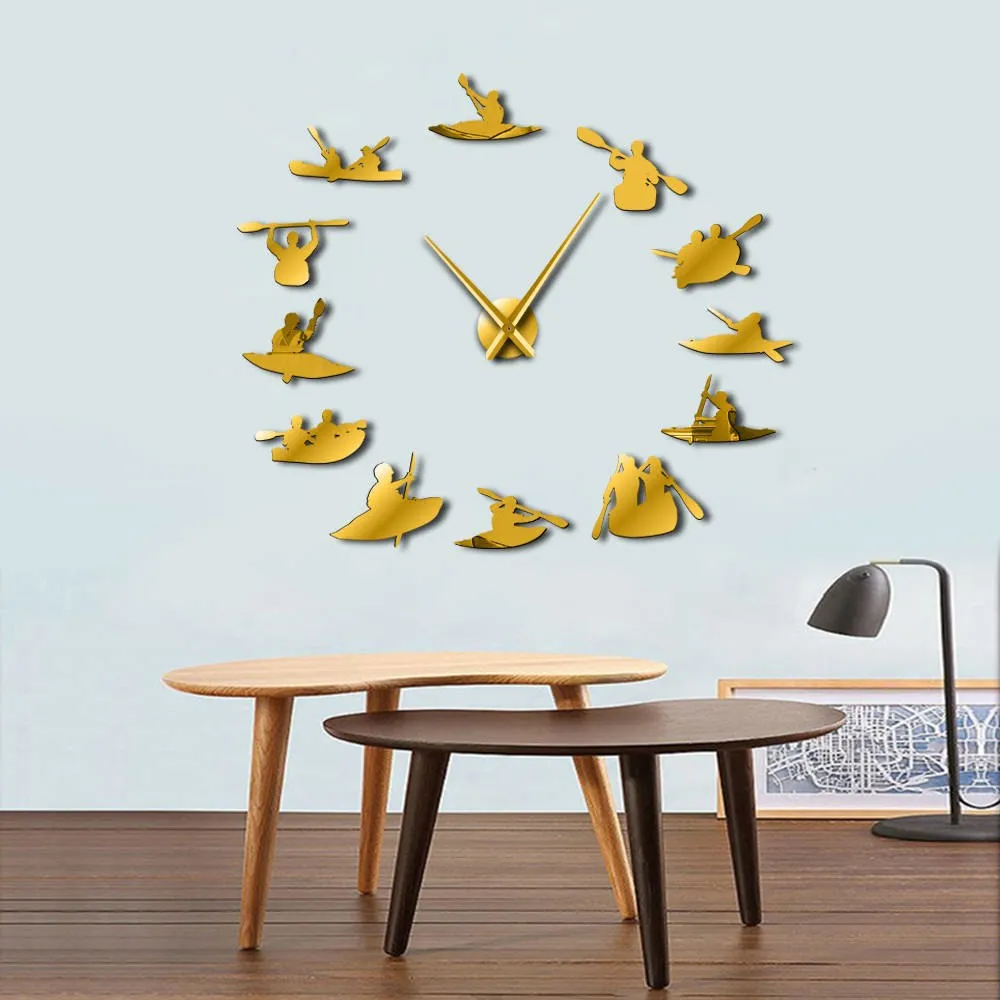 Canoeing Rafting Water Sports Kayaking DIY Large Wall Clock With Mirror Effect Kayakers Giant Frameless Big Needles Clock Watch