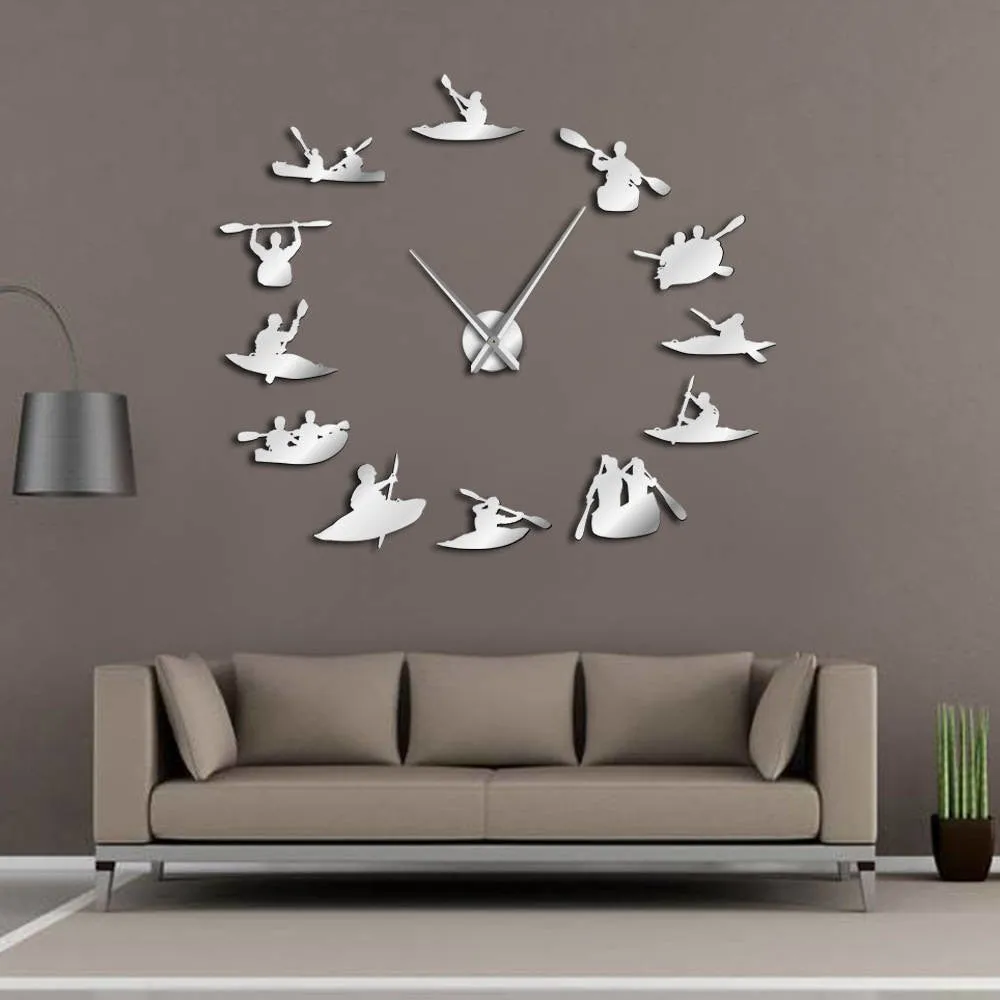Canoeing Rafting Water Sports Kayaking DIY Large Wall Clock With Mirror Effect Kayakers Giant Frameless Big Needles Clock Watch