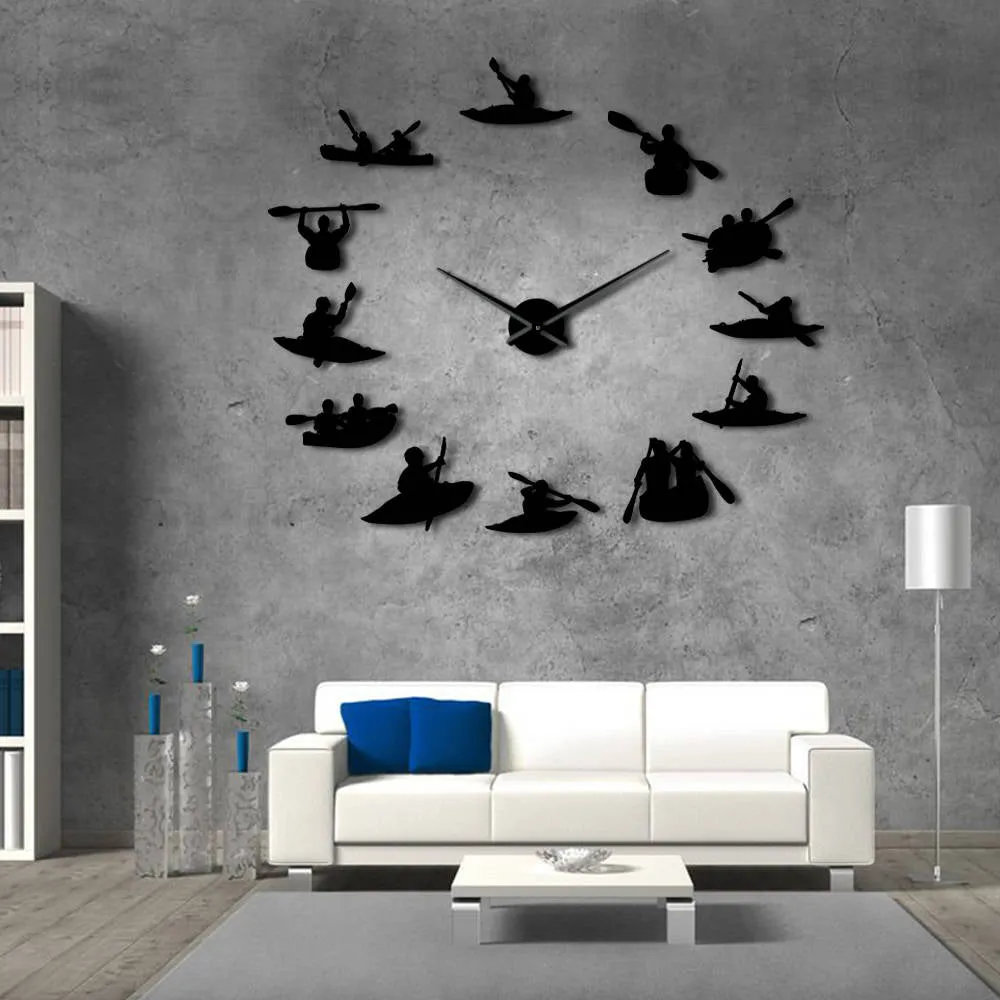 Canoeing Rafting Water Sports Kayaking DIY Large Wall Clock With Mirror Effect Kayakers Giant Frameless Big Needles Clock Watch