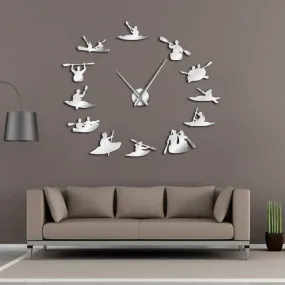 Canoeing Rafting Water Sports Kayaking DIY Large Wall Clock With Mirror Effect Kayakers Giant Frameless Big Needles Clock Watch