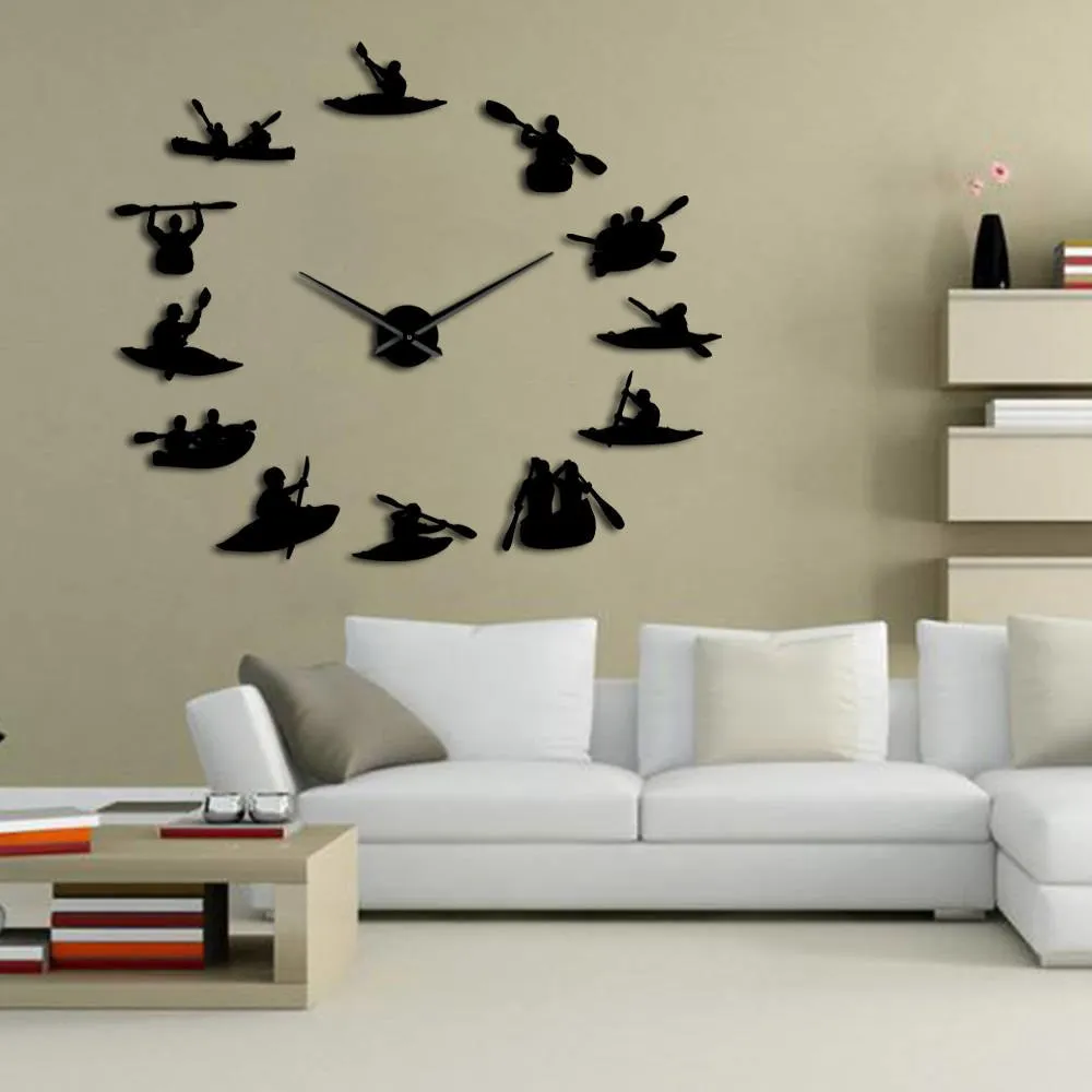 Canoeing Rafting Water Sports Kayaking DIY Large Wall Clock With Mirror Effect Kayakers Giant Frameless Big Needles Clock Watch