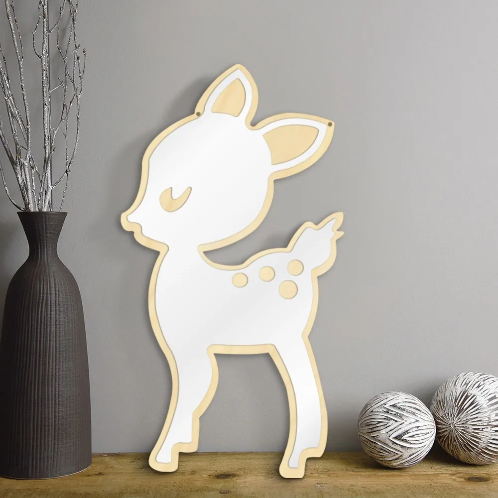 Cartoon Style Little Deer Acrylic Mirror and Wooden Back Nursery Baby Kid Room Decoration Hanging Wall Mirror Newborn Gift