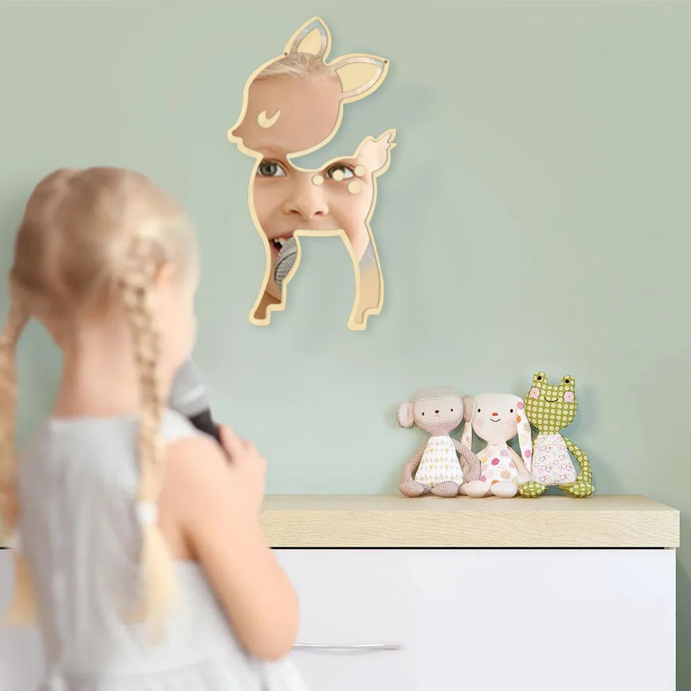 Cartoon Style Little Deer Acrylic Mirror and Wooden Back Nursery Baby Kid Room Decoration Hanging Wall Mirror Newborn Gift