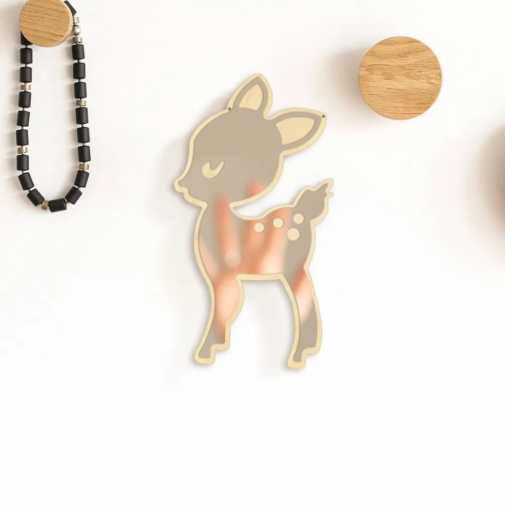 Cartoon Style Little Deer Acrylic Mirror and Wooden Back Nursery Baby Kid Room Decoration Hanging Wall Mirror Newborn Gift