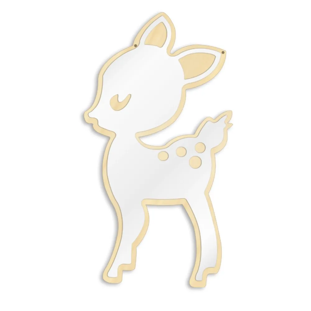 Cartoon Style Little Deer Acrylic Mirror and Wooden Back Nursery Baby Kid Room Decoration Hanging Wall Mirror Newborn Gift