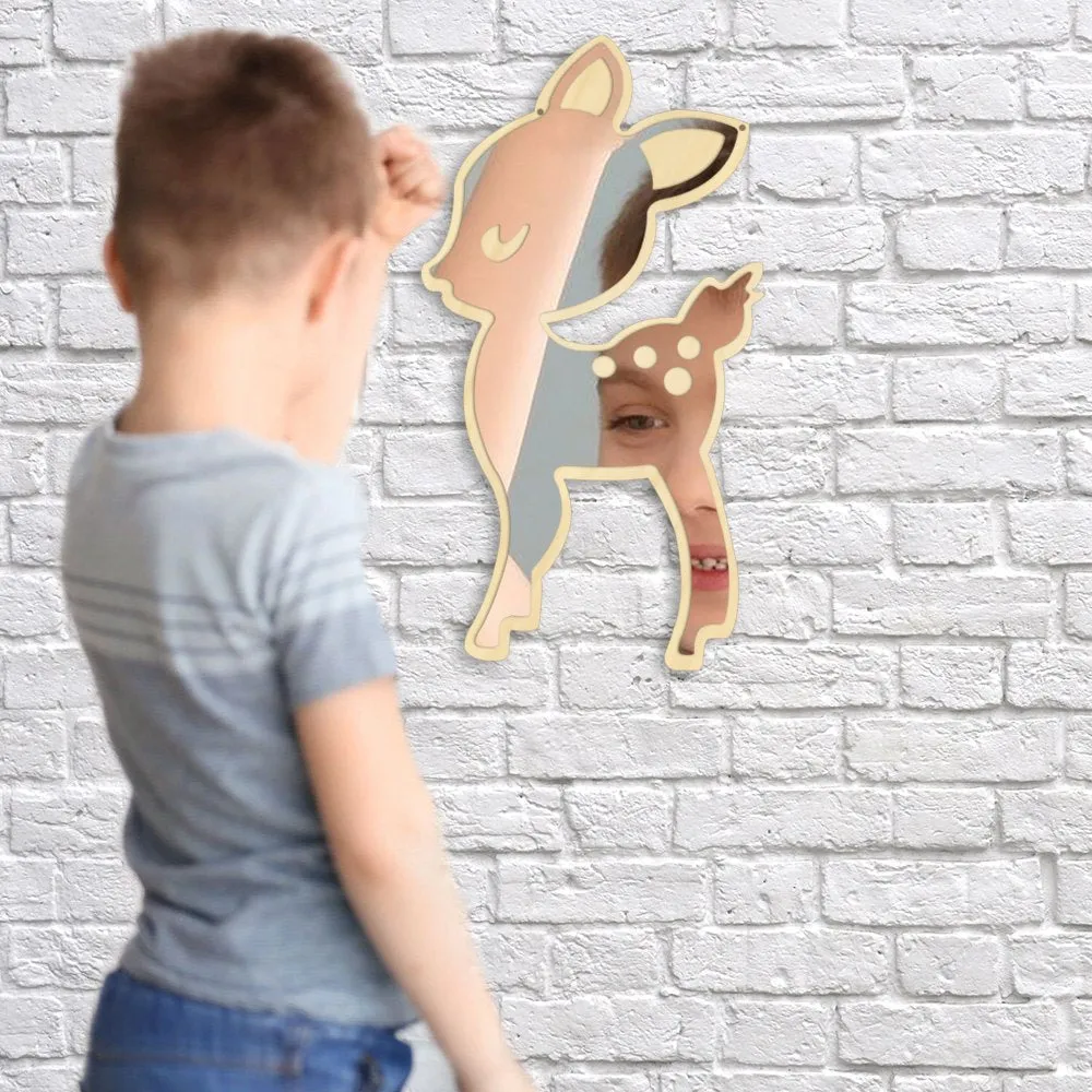 Cartoon Style Little Deer Acrylic Mirror and Wooden Back Nursery Baby Kid Room Decoration Hanging Wall Mirror Newborn Gift