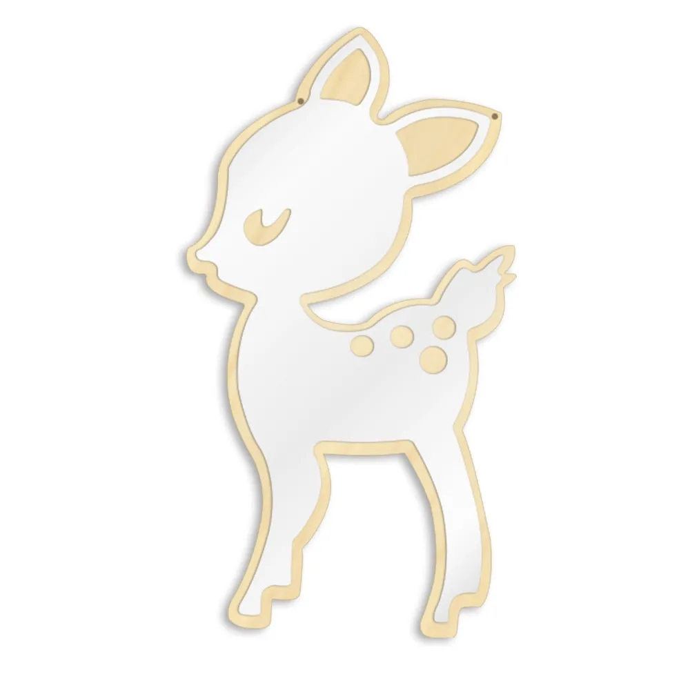 Cartoon Style Little Deer Acrylic Mirror and Wooden Back Nursery Baby Kid Room Decoration Hanging Wall Mirror Newborn Gift