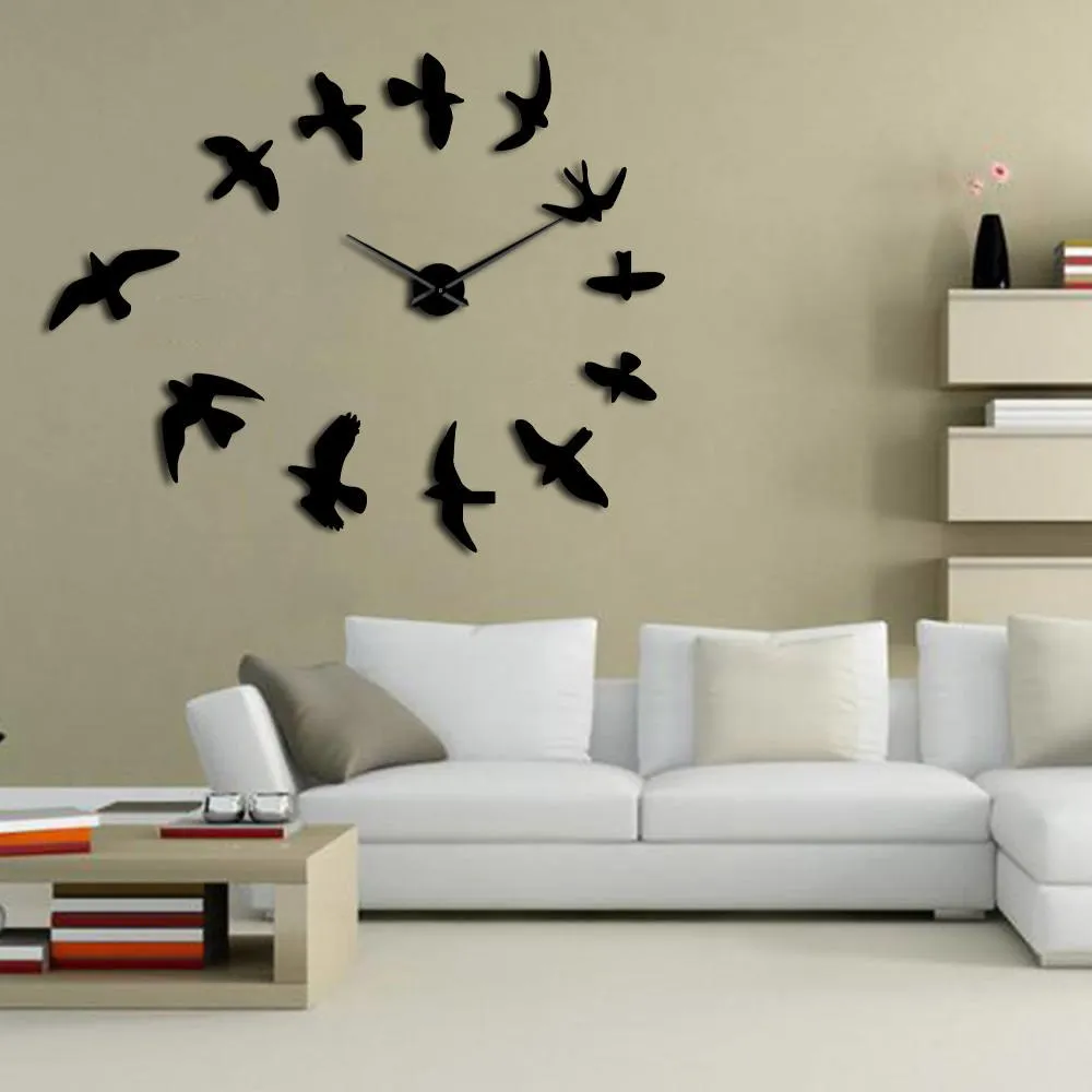 Decorative Mirror Wall Clock Flying Birds Wall Clock Modern Design Luxury Frameless DIY Large Clock Wall Watch Nature Room Decor