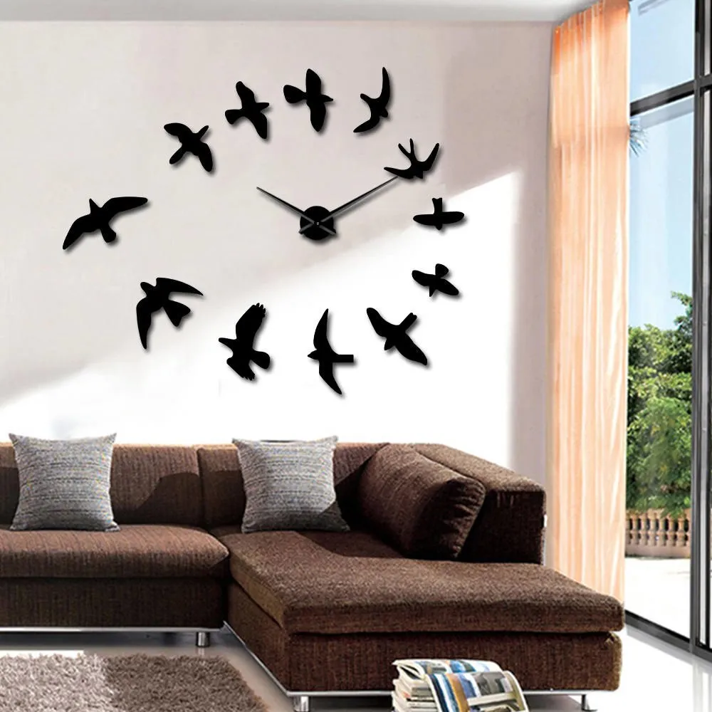 Decorative Mirror Wall Clock Flying Birds Wall Clock Modern Design Luxury Frameless DIY Large Clock Wall Watch Nature Room Decor