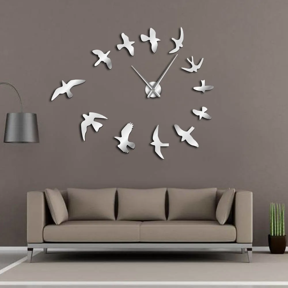 Decorative Mirror Wall Clock Flying Birds Wall Clock Modern Design Luxury Frameless DIY Large Clock Wall Watch Nature Room Decor