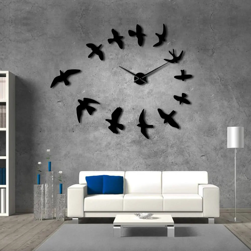 Decorative Mirror Wall Clock Flying Birds Wall Clock Modern Design Luxury Frameless DIY Large Clock Wall Watch Nature Room Decor
