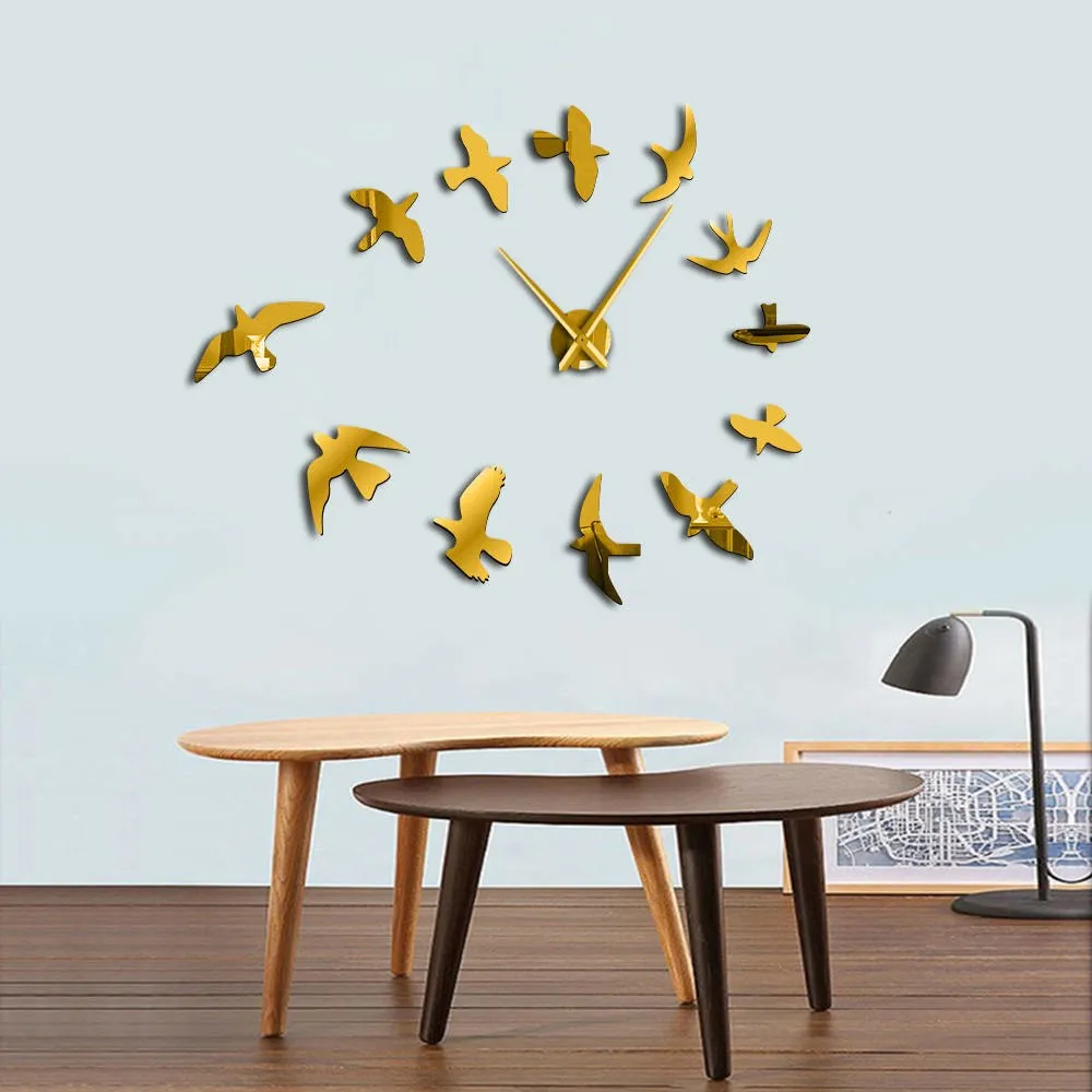 Decorative Mirror Wall Clock Flying Birds Wall Clock Modern Design Luxury Frameless DIY Large Clock Wall Watch Nature Room Decor