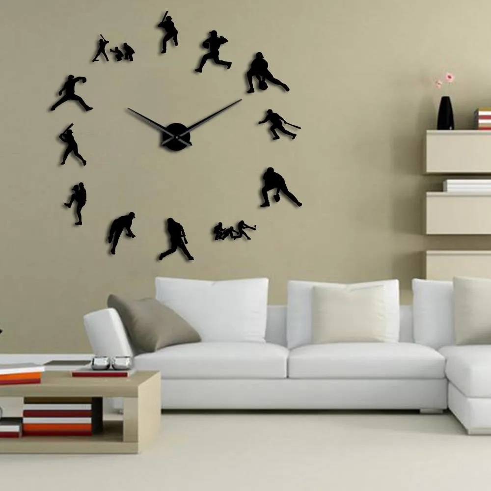 Decorative Modern Baseball Wall Clock 3D Frameless DIY Giant Clock Watch Mirror Effect Softball Wall Art Living Room Wall Decor