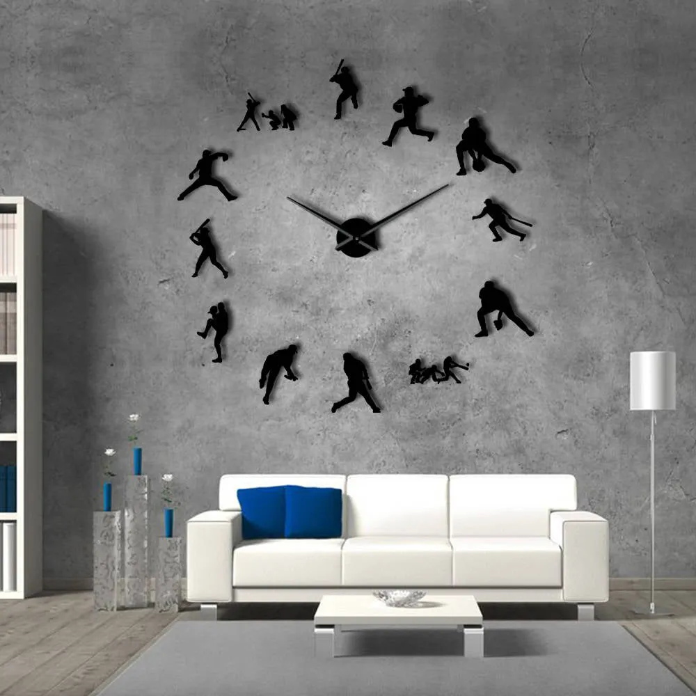 Decorative Modern Baseball Wall Clock 3D Frameless DIY Giant Clock Watch Mirror Effect Softball Wall Art Living Room Wall Decor