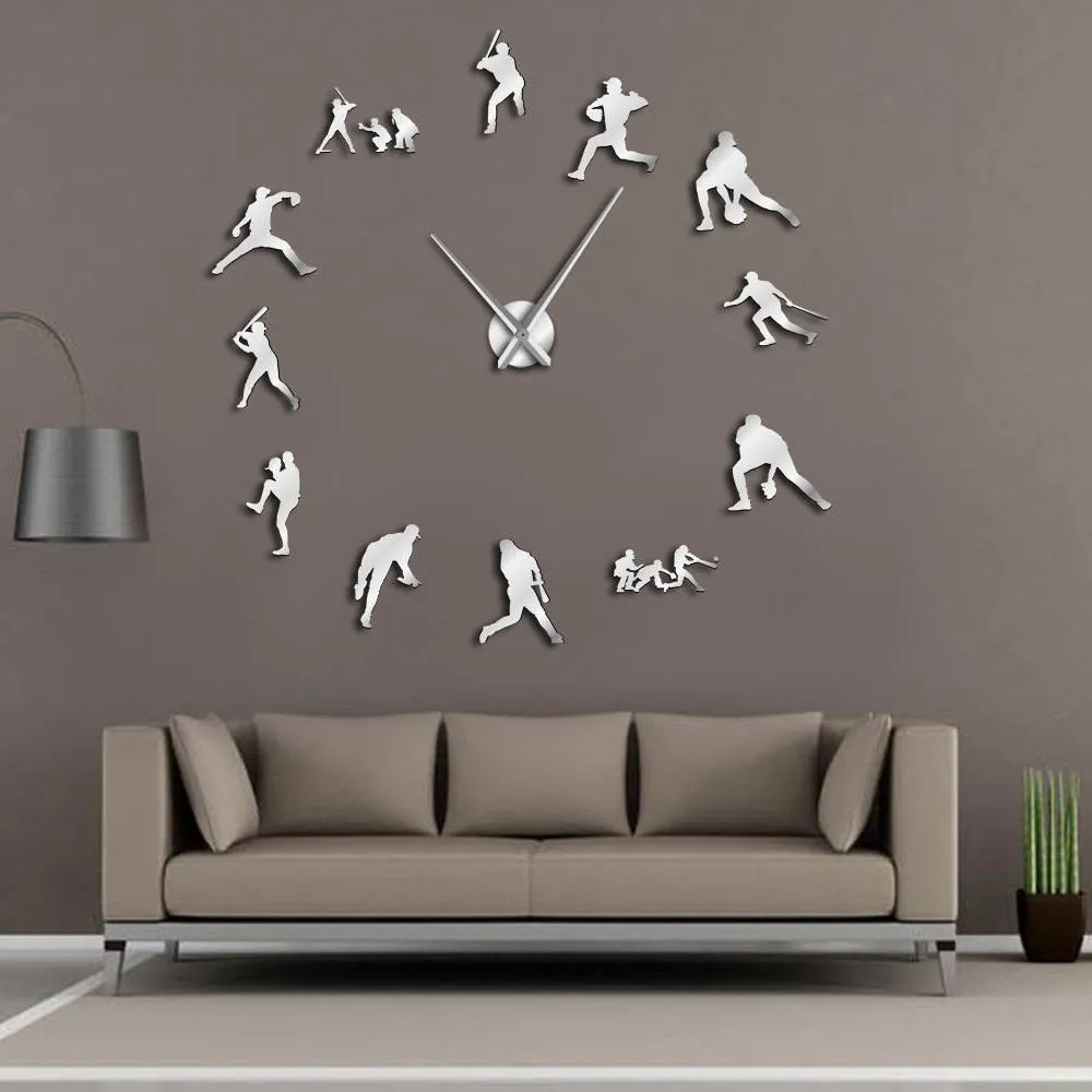 Decorative Modern Baseball Wall Clock 3D Frameless DIY Giant Clock Watch Mirror Effect Softball Wall Art Living Room Wall Decor