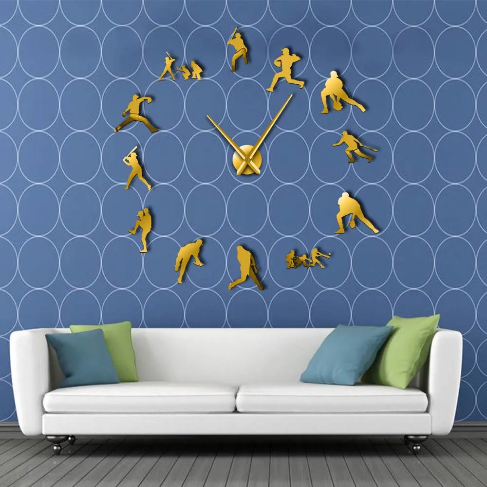 Decorative Modern Baseball Wall Clock 3D Frameless DIY Giant Clock Watch Mirror Effect Softball Wall Art Living Room Wall Decor