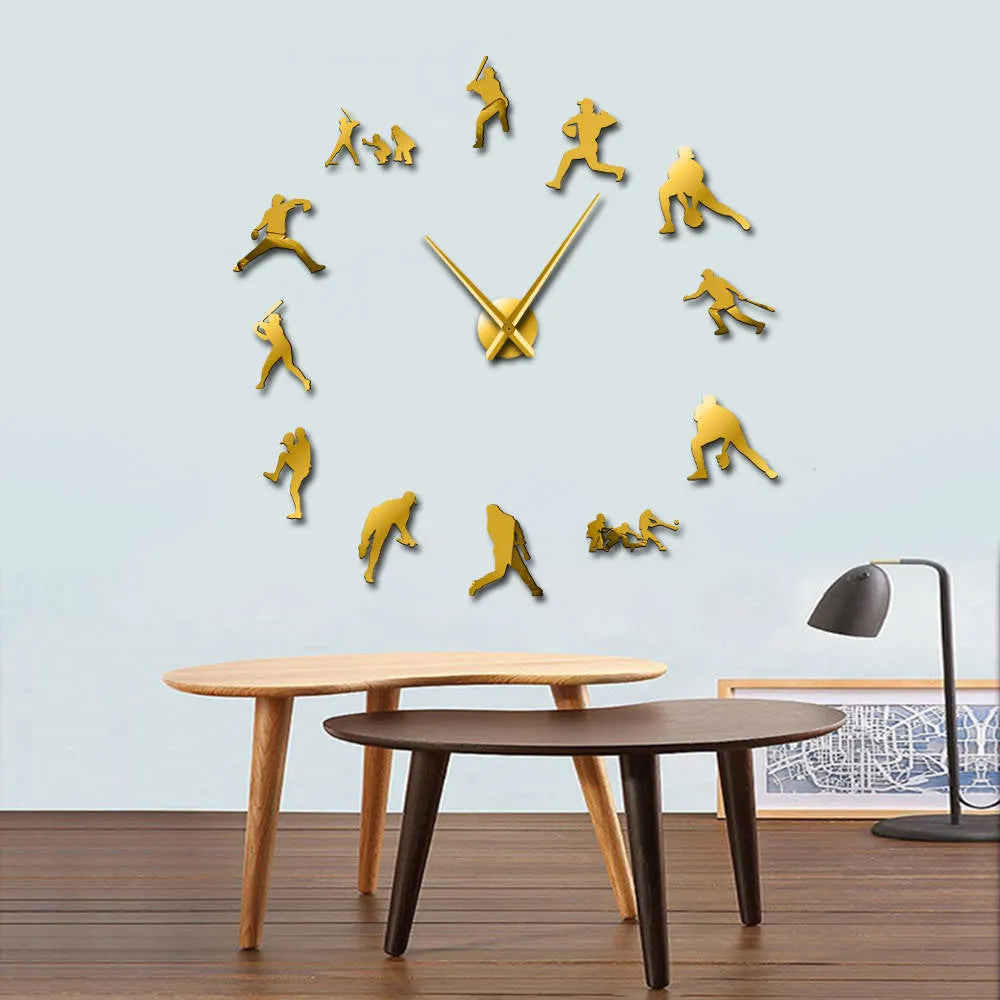Decorative Modern Baseball Wall Clock 3D Frameless DIY Giant Clock Watch Mirror Effect Softball Wall Art Living Room Wall Decor