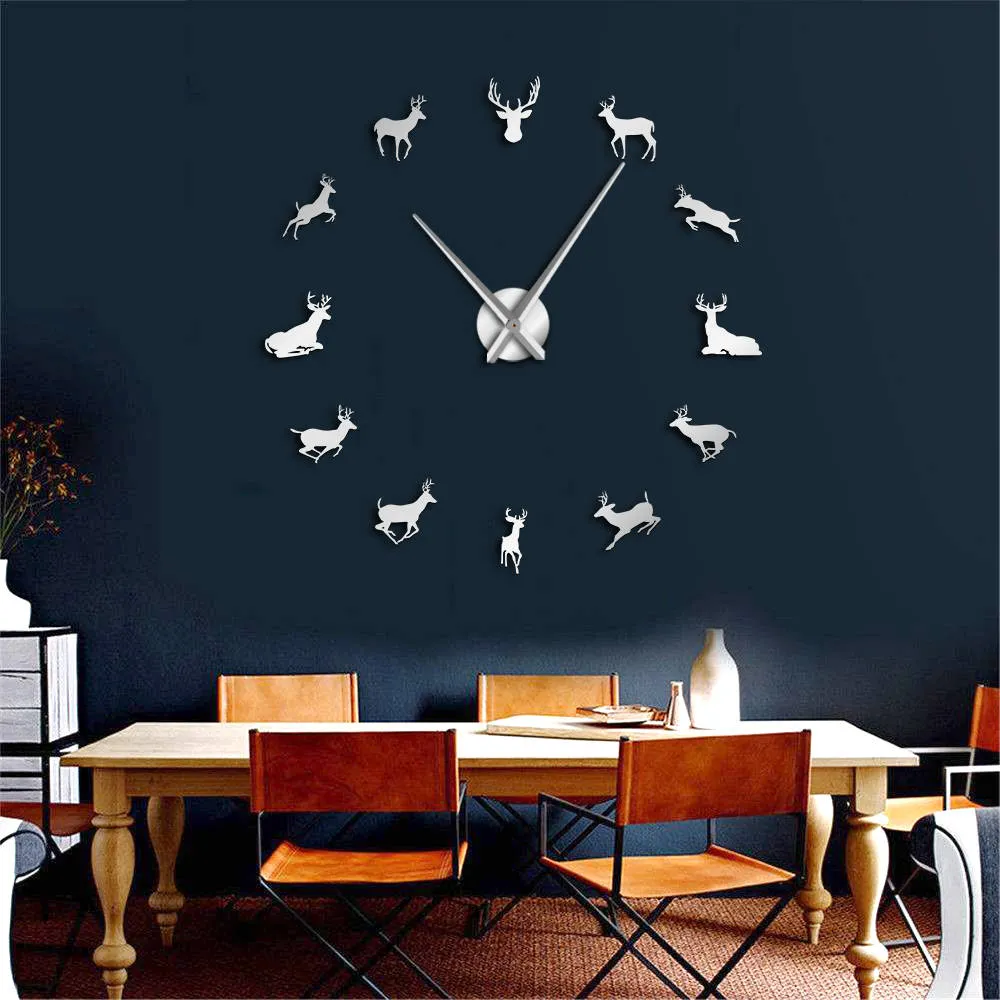 Deer Head DIY Giant Wall Clock Woodland Deer Hunter Modern Deer Antler Wall Clock Acrylic Mirror Effect Animals Home Decorations