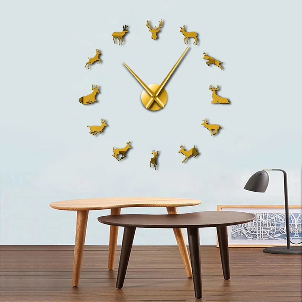 Deer Head DIY Giant Wall Clock Woodland Deer Hunter Modern Deer Antler Wall Clock Acrylic Mirror Effect Animals Home Decorations