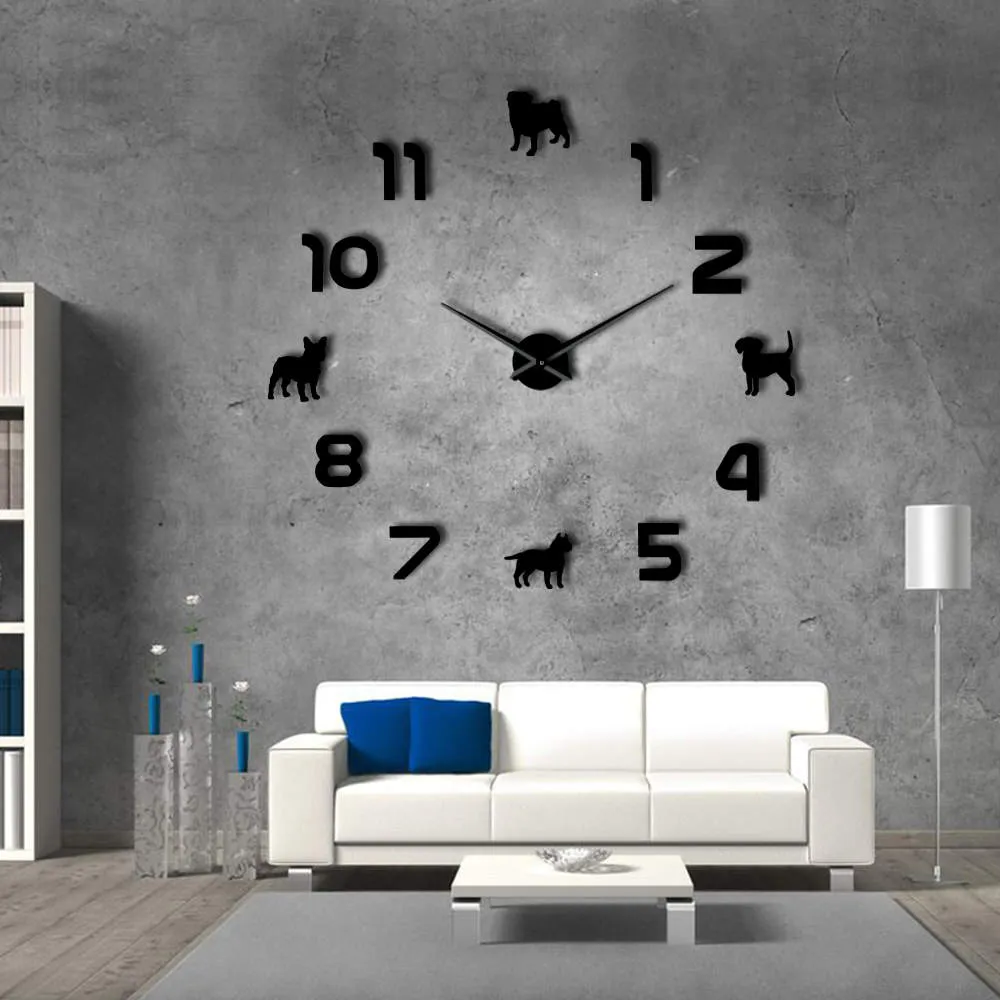 Different Dog Breeds Puppy Dogs DIY Large Wall Clock Pug Pit Bull French Bulldog Beagle With Arabic Numerals Giant Wall Clock
