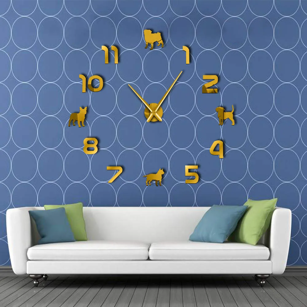 Different Dog Breeds Puppy Dogs DIY Large Wall Clock Pug Pit Bull French Bulldog Beagle With Arabic Numerals Giant Wall Clock