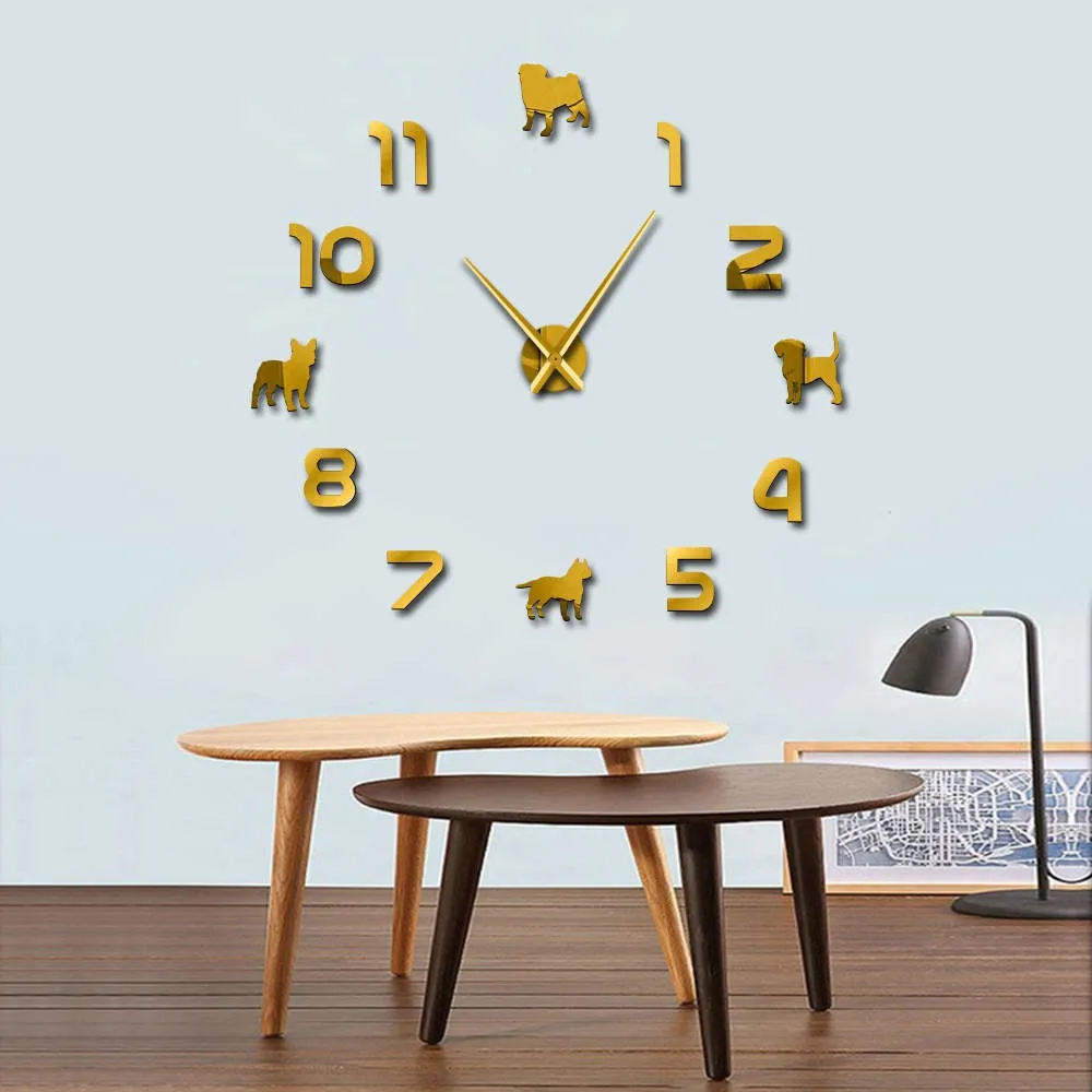 Different Dog Breeds Puppy Dogs DIY Large Wall Clock Pug Pit Bull French Bulldog Beagle With Arabic Numerals Giant Wall Clock
