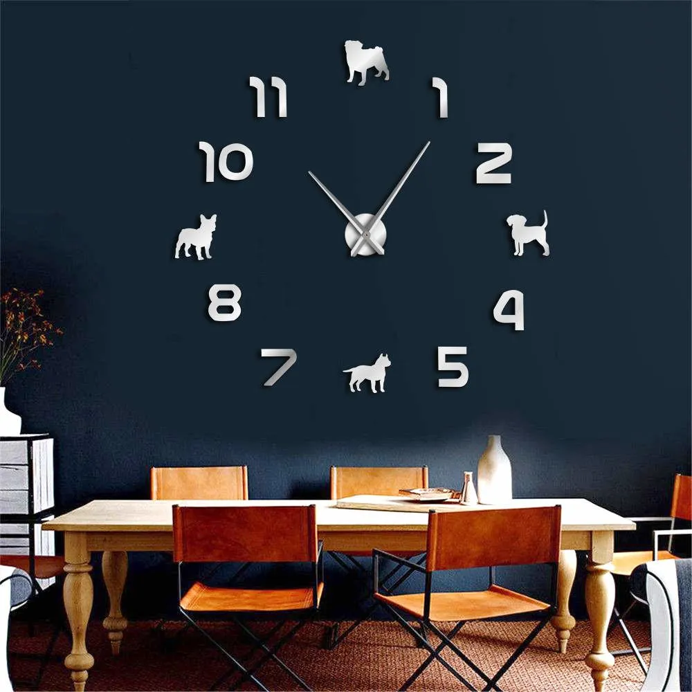 Different Dog Breeds Puppy Dogs DIY Large Wall Clock Pug Pit Bull French Bulldog Beagle With Arabic Numerals Giant Wall Clock