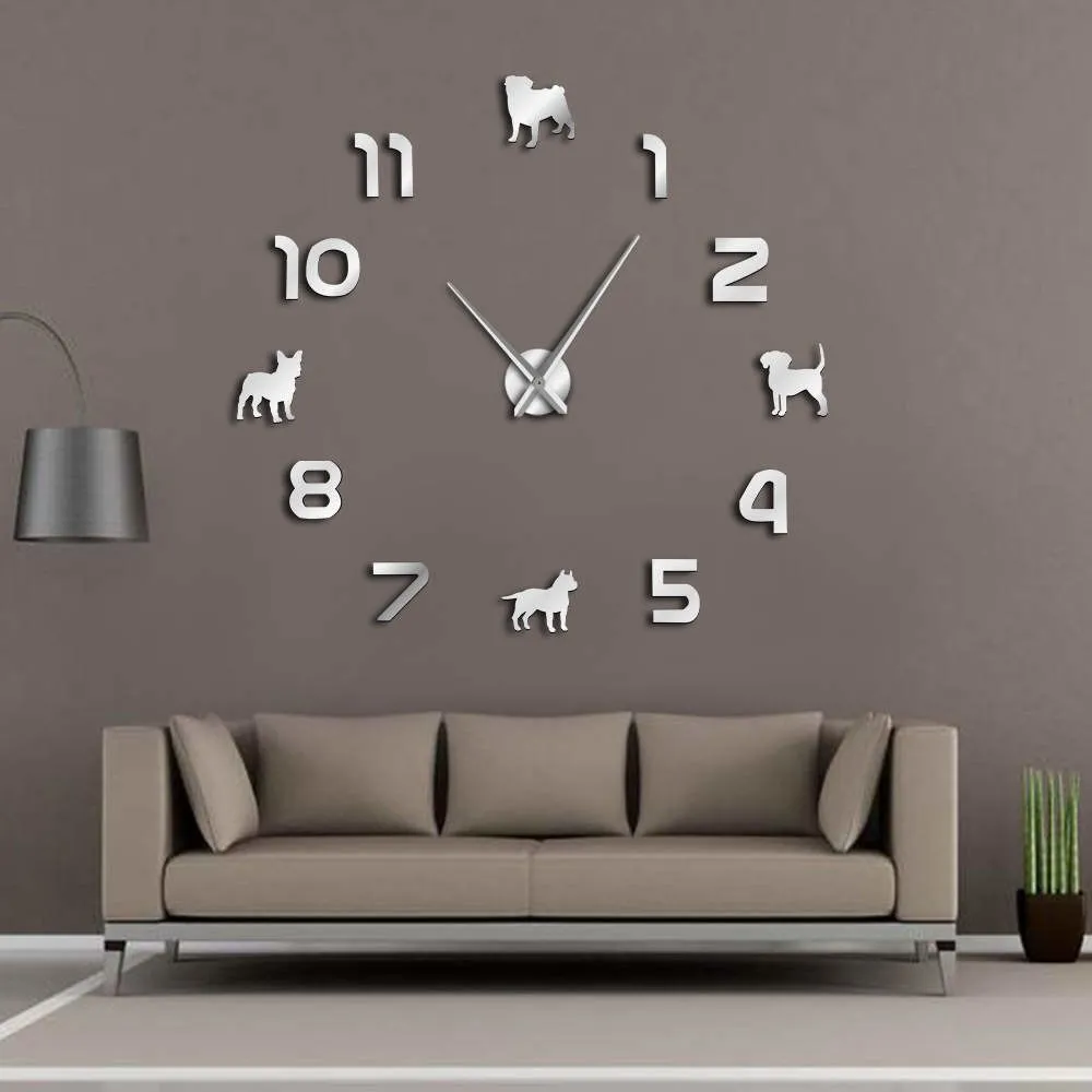 Different Dog Breeds Puppy Dogs DIY Large Wall Clock Pug Pit Bull French Bulldog Beagle With Arabic Numerals Giant Wall Clock