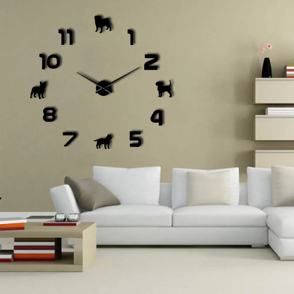 Different Dog Breeds Puppy Dogs DIY Large Wall Clock Pug Pit Bull French Bulldog Beagle With Arabic Numerals Giant Wall Clock