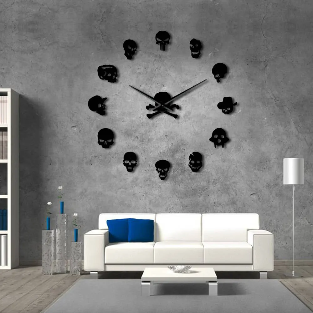 Different Skull Heads DIY Horror Wall Art Giant Wall Clock Big Needle Frameless Zombie Heads Large Wall Watch Halloween Decor