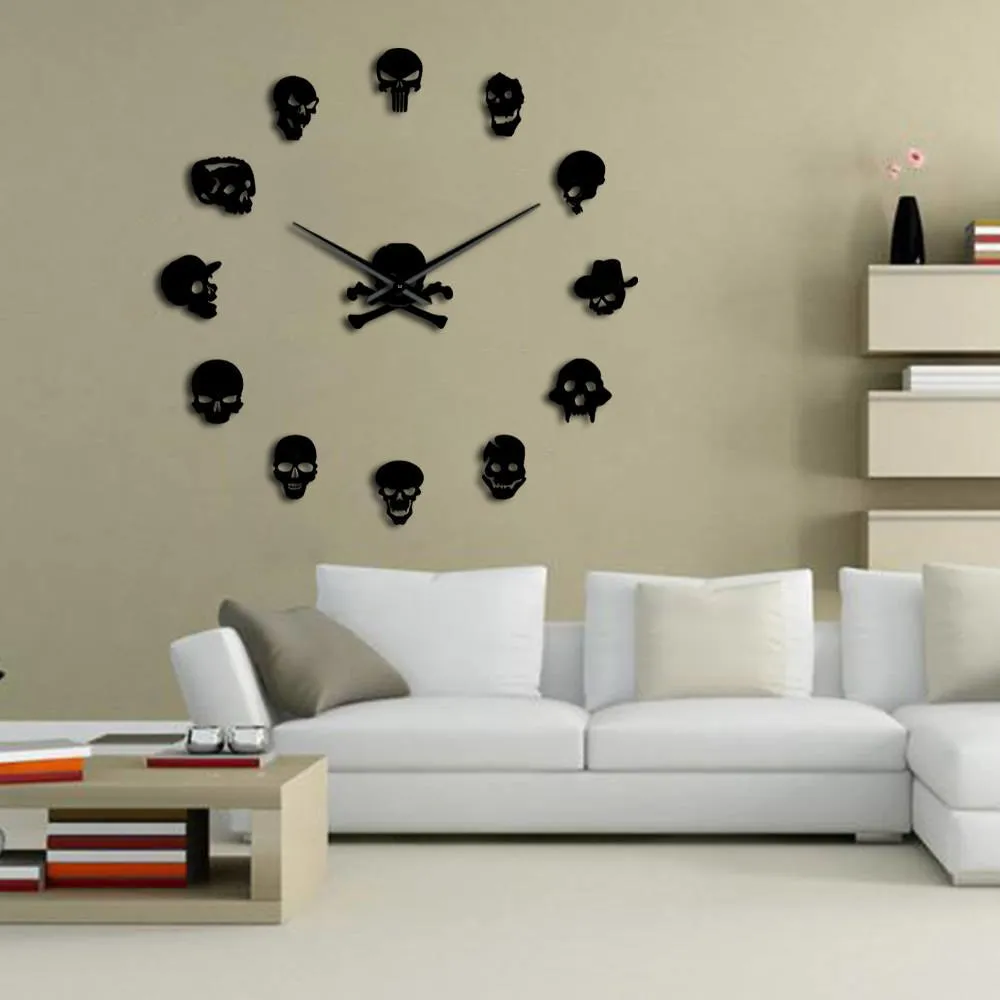 Different Skull Heads DIY Horror Wall Art Giant Wall Clock Big Needle Frameless Zombie Heads Large Wall Watch Halloween Decor