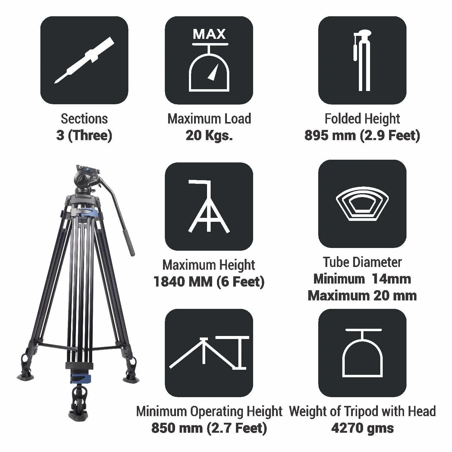 Digitek (DPTR-7060VD) Platinum Heavy Duty Video Tripod Maximum Operating Height: 1849 mm, Max Load Upto: 20 kgs