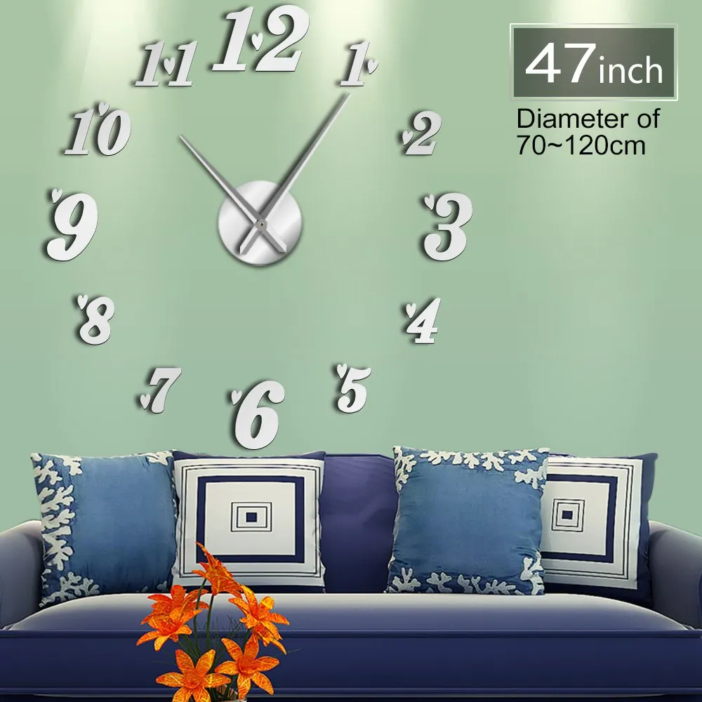 DIY Big Wall Clock Acrylic Mirror Effect Arabia Numbers With Heart Stickers Cool Wall Art Clock Watch Living Room Wall Decor