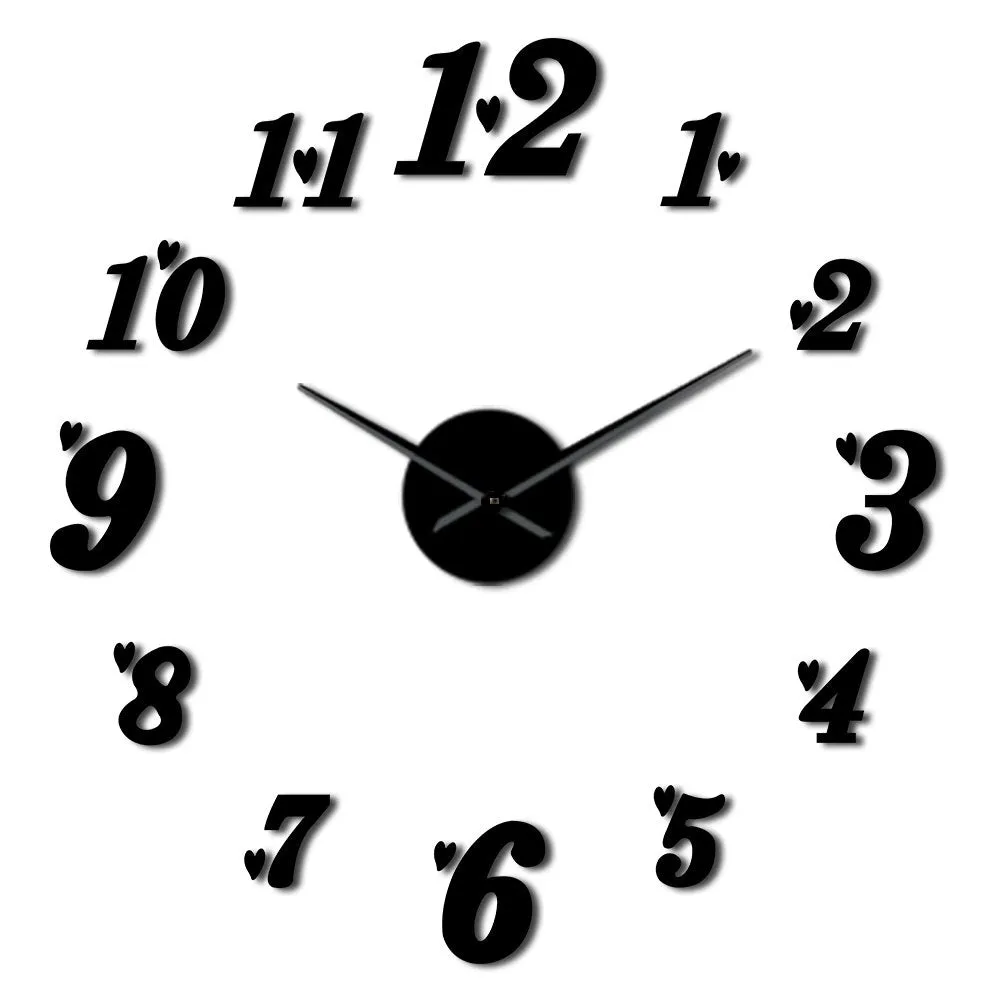 DIY Big Wall Clock Acrylic Mirror Effect Arabia Numbers With Heart Stickers Cool Wall Art Clock Watch Living Room Wall Decor