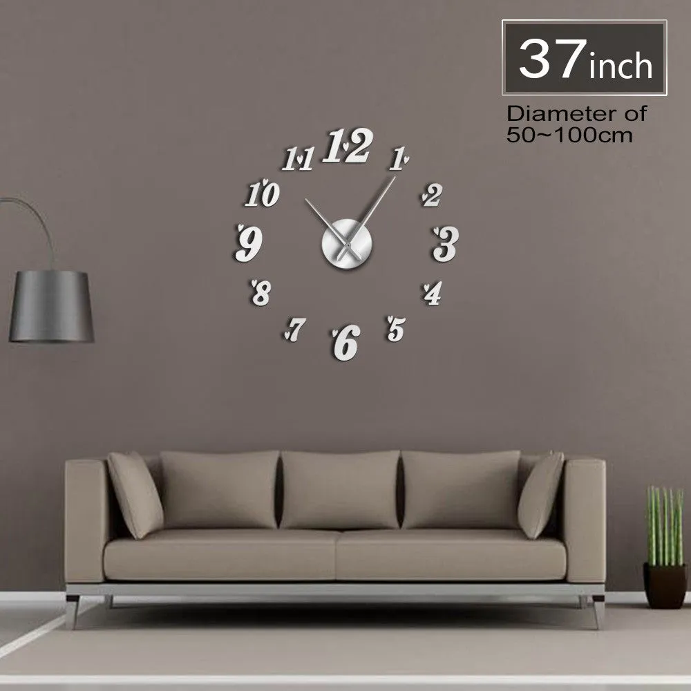 DIY Big Wall Clock Acrylic Mirror Effect Arabia Numbers With Heart Stickers Cool Wall Art Clock Watch Living Room Wall Decor