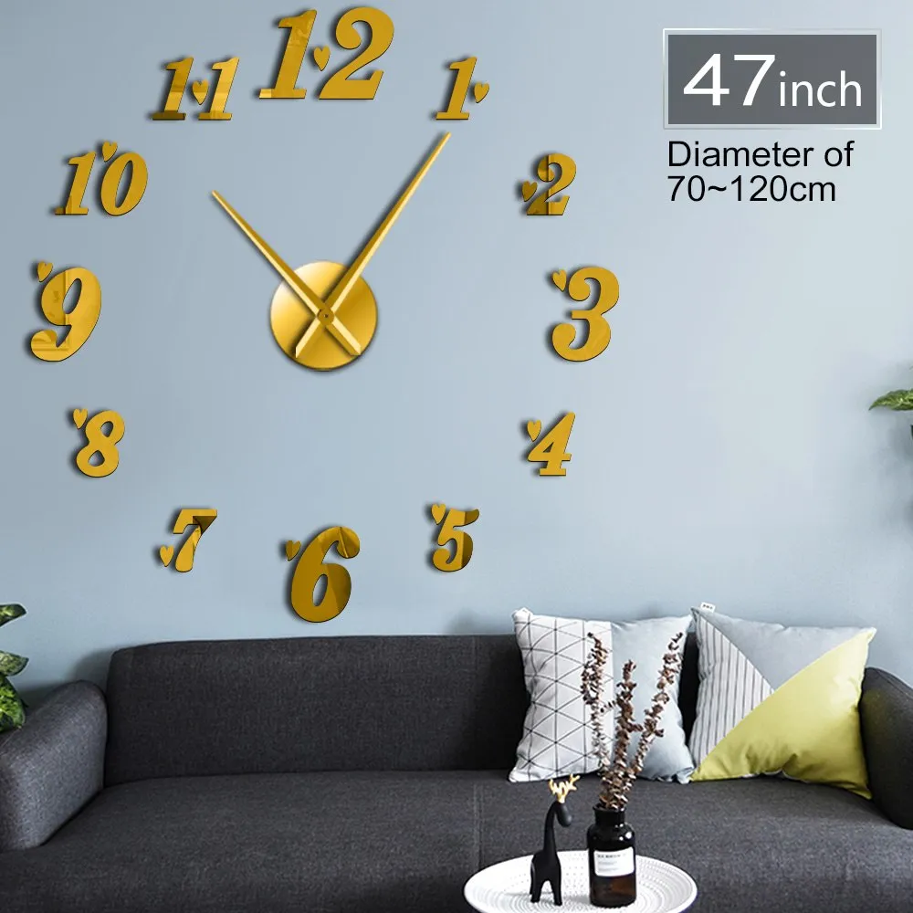 DIY Big Wall Clock Acrylic Mirror Effect Arabia Numbers With Heart Stickers Cool Wall Art Clock Watch Living Room Wall Decor