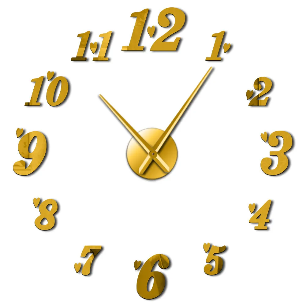 DIY Big Wall Clock Acrylic Mirror Effect Arabia Numbers With Heart Stickers Cool Wall Art Clock Watch Living Room Wall Decor
