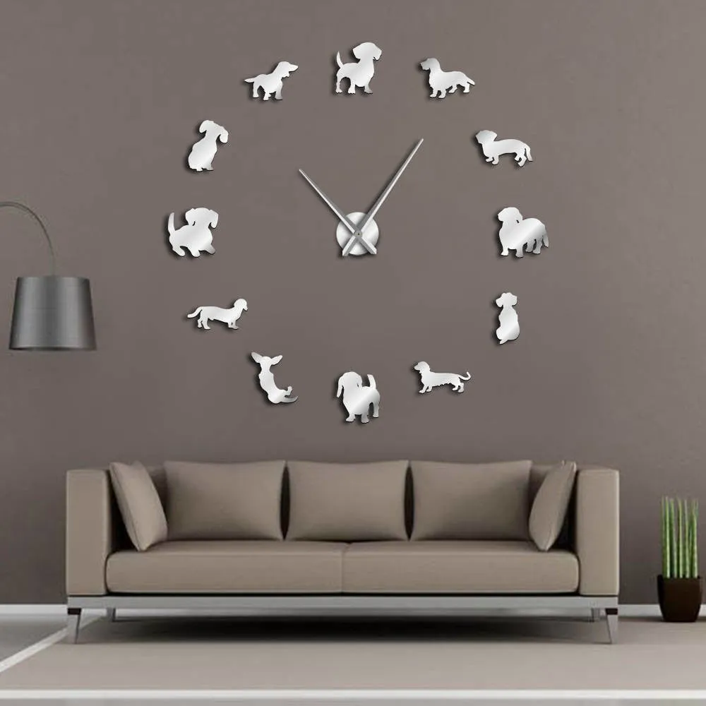 DIY Dachshund Wall Art Wiener-Dog Puppy Dog Pet Frameless Giant Wall Clock With Mirror Effect Sausage Dog Large Clock Wall Watch