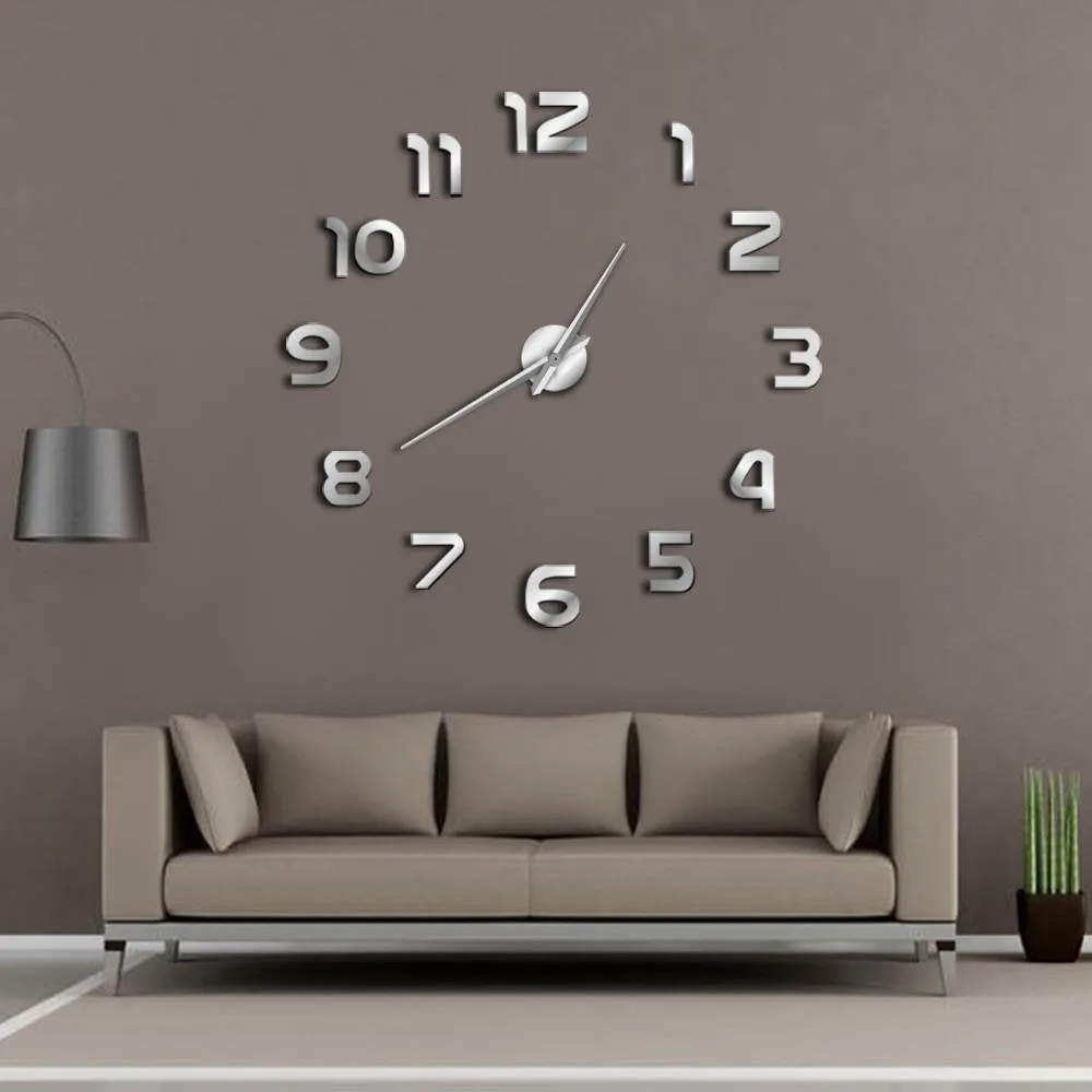 DIY Giant Wall Clock Simple Modern Design DIY 3D Mirror Effect Large Arabia Numerals Sticker Wall Clock Home Decor Wall Watch