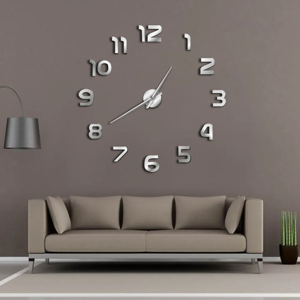 DIY Giant Wall Clock Simple Modern Design DIY 3D Mirror Effect Large Arabia Numerals Sticker Wall Clock Home Decor Wall Watch
