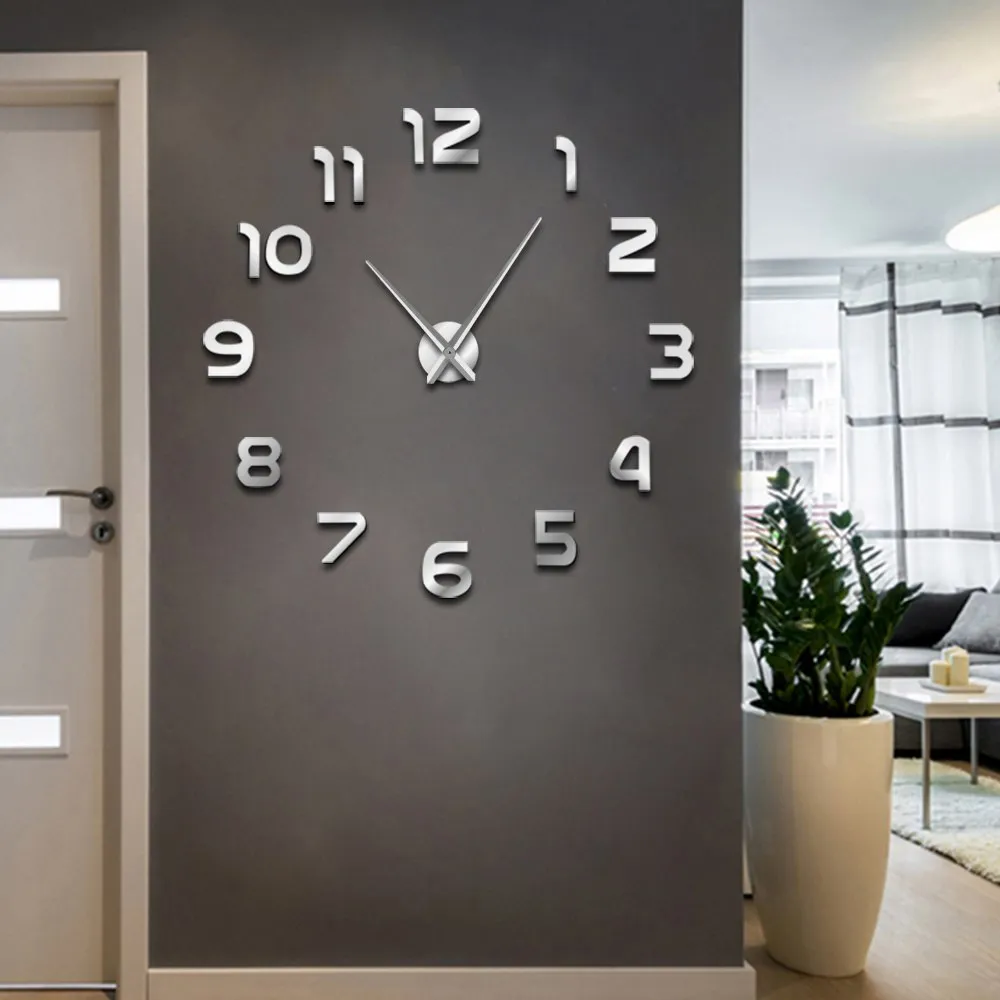 DIY Giant Wall Clock Simple Modern Design DIY 3D Mirror Effect Large Arabia Numerals Sticker Wall Clock Home Decor Wall Watch