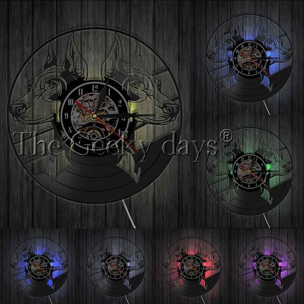 Doberman Pinscher Wall Clock Dog Breeds Head Portraits Doberman Animals Puppy Vinyl Record Wall Clock Watch Dog Pet Lovers Gift