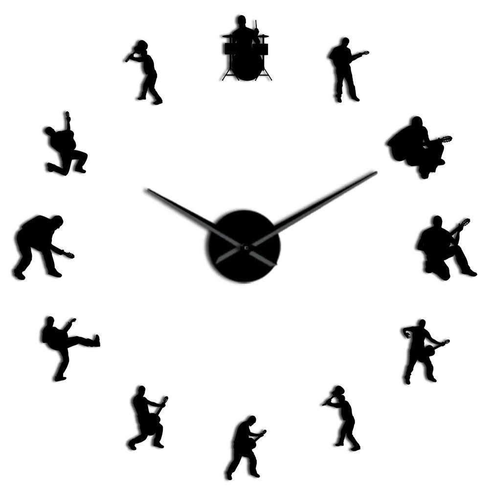 Drummer Music Rock Band DIY Giant Wall Clock Guitar Player Silhouette Decorative Large Wall Clock Guitarist Fremeless Wall Watch