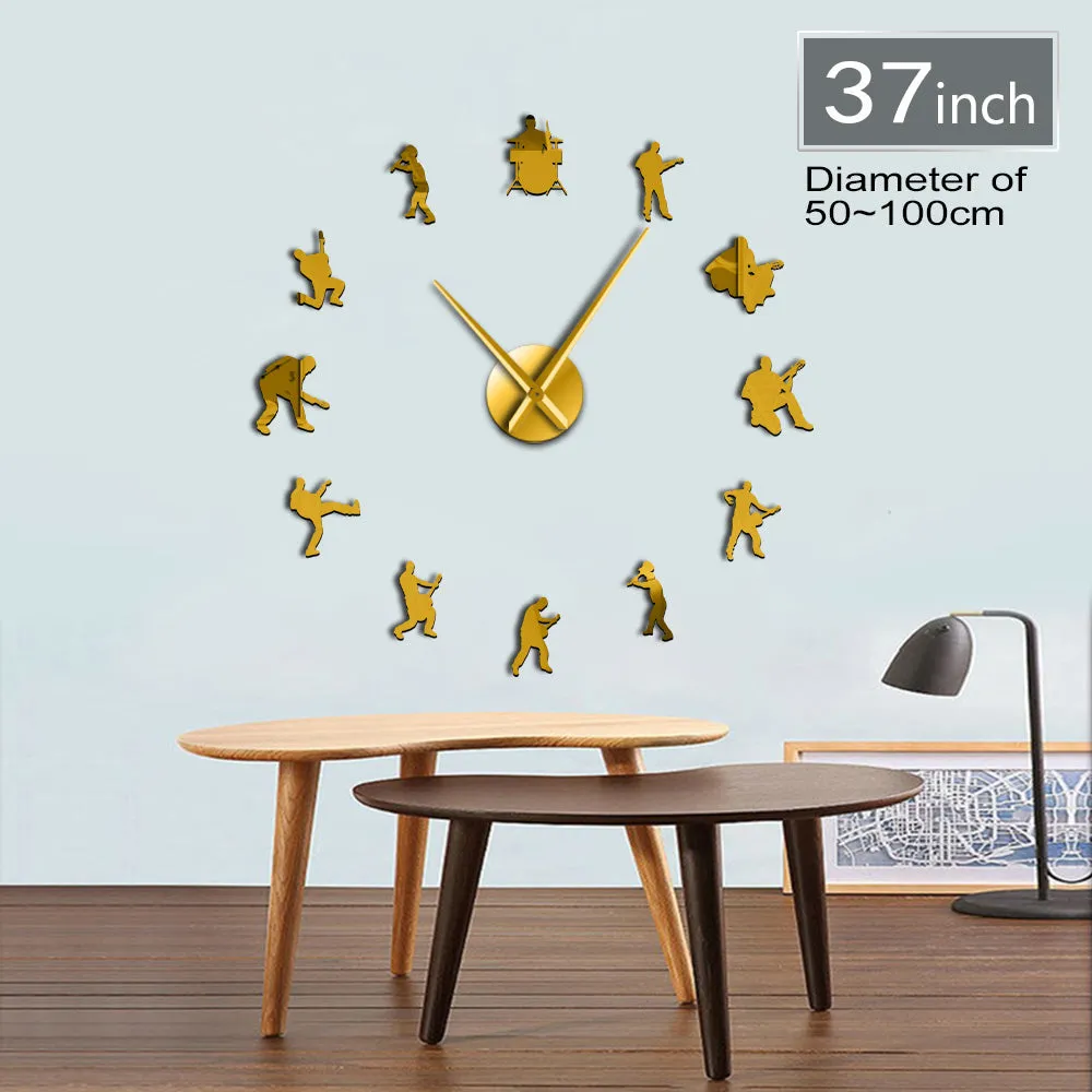 Drummer Music Rock Band DIY Giant Wall Clock Guitar Player Silhouette Decorative Large Wall Clock Guitarist Fremeless Wall Watch