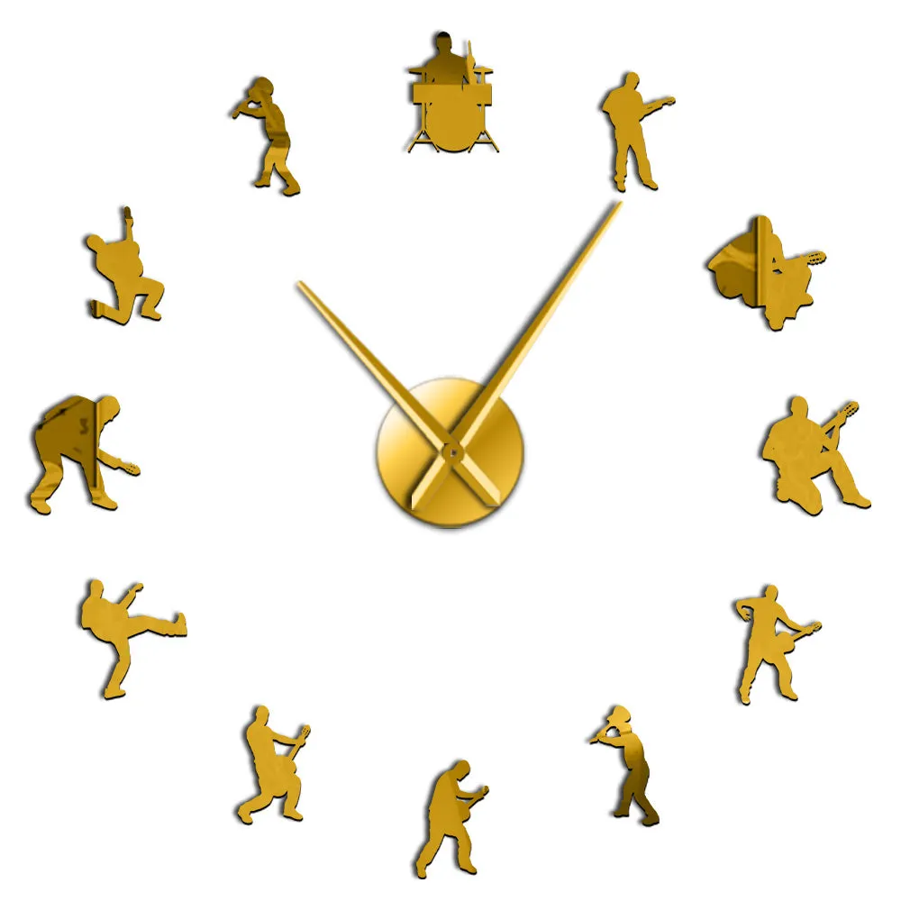 Drummer Music Rock Band DIY Giant Wall Clock Guitar Player Silhouette Decorative Large Wall Clock Guitarist Fremeless Wall Watch