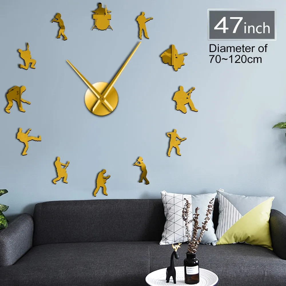 Drummer Music Rock Band DIY Giant Wall Clock Guitar Player Silhouette Decorative Large Wall Clock Guitarist Fremeless Wall Watch
