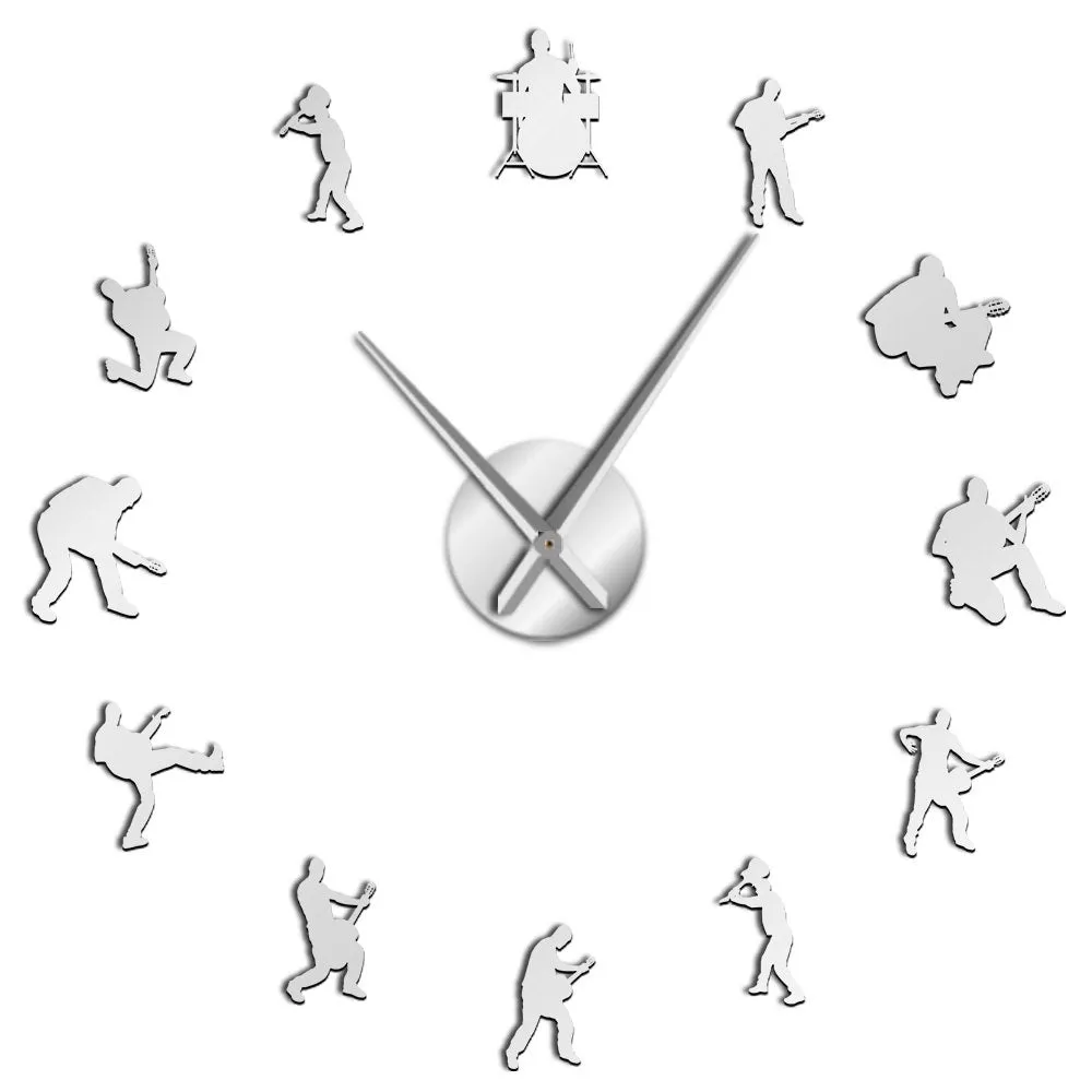 Drummer Music Rock Band DIY Giant Wall Clock Guitar Player Silhouette Decorative Large Wall Clock Guitarist Fremeless Wall Watch